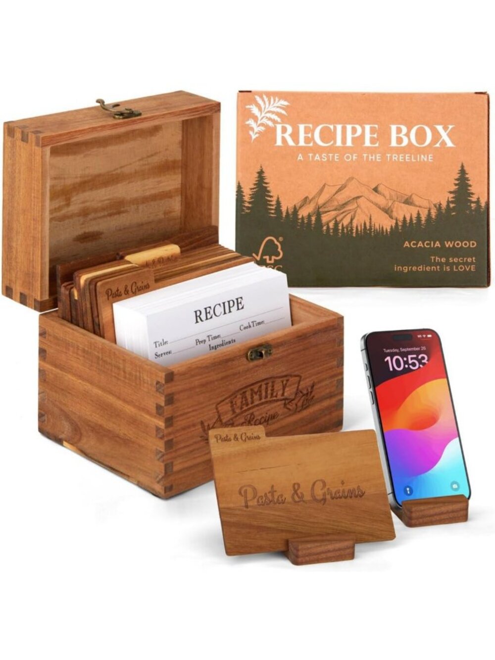 Acacia Wooden Recipe Box with Cards & Dividers - Perfect Heirloom Gift for Mom